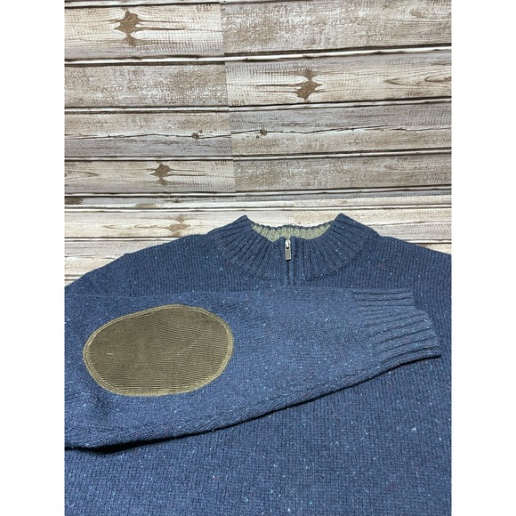 LL Bean 1/4 Zip Sweater‎ Shetland Wool Elbow Patches Blue Size Large - Picture 1 of 5